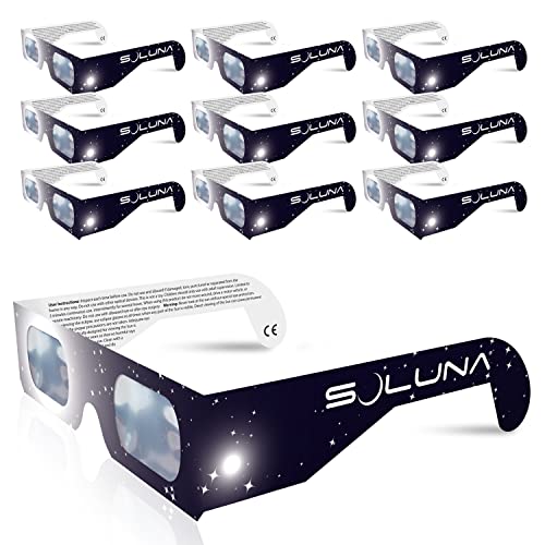 Solar Eclipse Glasses – CE and ISO Certified Safe Shades for Direct Sun Viewing – Made in the USA (10 Pack) by Soluna