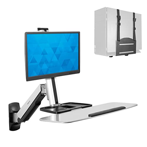 Mount-It! Sit Stand Wall Mount Workstation | Adjustable Height Stand Up Computer Station with Articulating Monitor Mount, Keyboard Tray, & CPU Holder | VESA Mount 75×75 and 100×100 | MI-7905