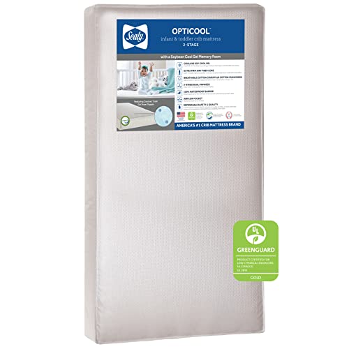 Sealy OptiCool 2-Stage Cool Gel Foam Waterproof Baby Crib Mattress and Toddler Mattress Sustainable Fiber Core, Soy Gel, Cool Cotton Cover, Greenguard Air Quality Certified – Made in USA, 52″x28″x5.5″