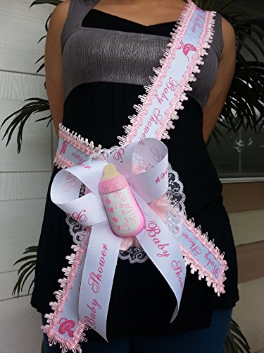 Welcome Baby Shower Mom To Be It’s a Girl Sash Pink Bottle Ribbon and Corsage