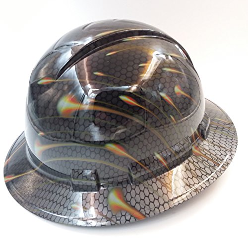 Wet Works Imaging Customized Pyramex Full Brim Black Honeycomb Carbon Hard Hat with Ratcheting Suspension
