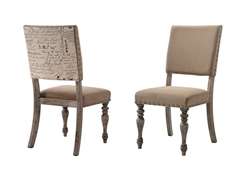 Roundhill Furniture Birmingham Script Printed Driftwood Finish Dining Chair with Nail head, Set of 2,