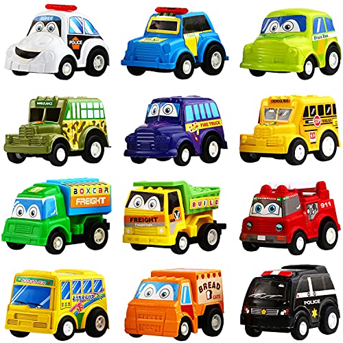Funcorn Toys Pull Back Car, 12 Pack Assorted Mini Plastic Vehicle Set, Pull Back Truck and Car Toys for Boys Kids Toddler Party Favors,Die Cast Car Toy Play Set