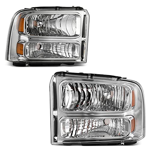AUTOSAVER88 Headlight Assembly Compatible with 05 06 07 Ford F250 F350 F450 F550 Super Duty/05 Ford Excursion Headlight Assembly OE Projector Headlamp Chrome Housing Clear Lens