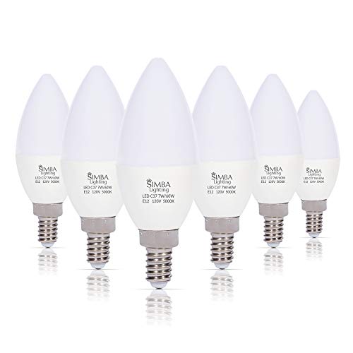 Simba Lighting LED Candelabra Light Bulbs B11 (C37) Candle Shape E12 Base (6 Pack) | Decorative 7W 60W Replacement 110V, 120V for Chandelier, Ceiling Fan, PC Cover, Non-Dimmable, Daylight 5000K