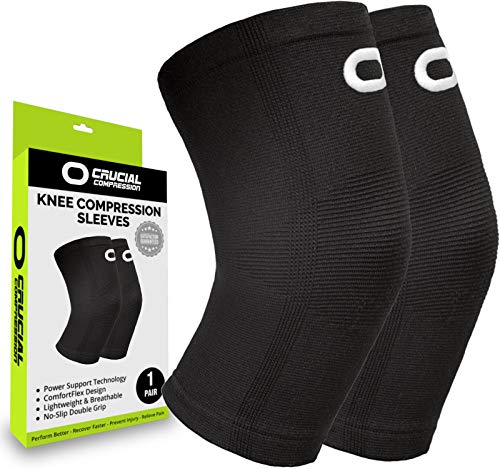 Crucial Compression Knee Sleeve (1 Pair) – Best Knee Braces for Knee Pain for Men & Women – Non-Slip Knee Support for Running, Weightlifting, Basketball, Gym, Workout, Sports