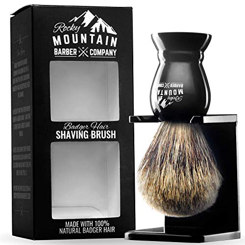 Shaving Brush with Stand – Rocky Mountain Barber Pure 100% Best Badger Hair Barber Grade with Black Heavy Duty All-Resin Handle and Oversized Bristle Head For Better Shaving Cream Lather