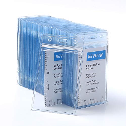 KEYLION 100 Pack ID Card Name Badge Holder, Heavy Duty Clear Transparent Plastic PVC Vertical Sleeve Pouch with Waterproof Type Resealable Zip
