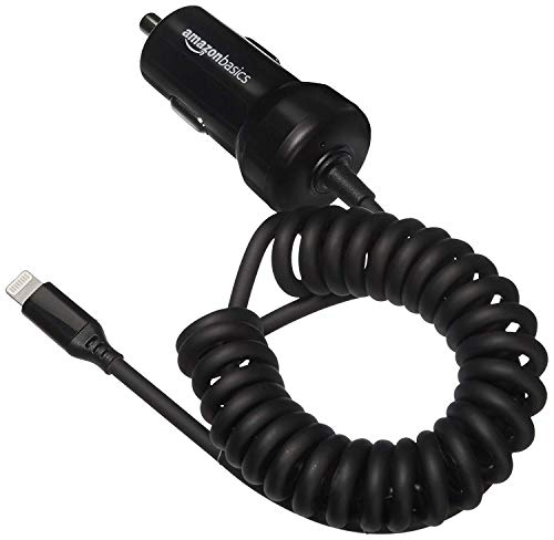 Amazon Basics 12W (5V, 2.4A) Car Charger with Lightning Cable (Coiled) for iPhone and Apple Devices, 1.5 ft – Black