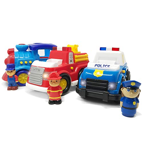Boley 3 Pack Emergency City Cars And Train Set – Educational Lights And Sounds Toy Vehicle Playset For Boys And Girls – Includes Fire Truck, Train, And Police Interceptor – Perfect For Kids, Children,