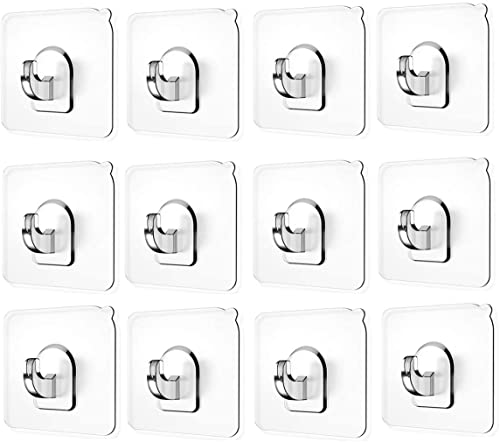 Ninth Five Wall Hooks(13.2lb), Self Adhesive Hooks, Clear Plastic Reusable Heavy Duty Hook for Kitchen Bathroom Office, No Trace No Scratch(12 Pack)