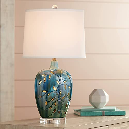 360 Lighting Devan Cottage Table Lamp with Nightlight 24.5″ High Ceramic Blue Acrylic Vine Handcrafted Oval Fabric Shade Decor for Living Room Bedroom House Bedside Nightstand Home Office