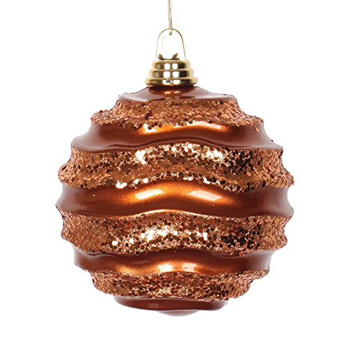 Vickerman 6″ Christmas Ornament Wave Ball, Copper Stripe Candy Finish with Glitter Accents, Shatterproof Plastic, Holiday Christmas Tree Decoration