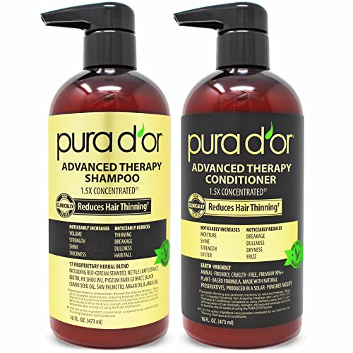 PURA D’OR Anti-Thinning Advanced Therapy Biotin Shampoo & Conditioner Hair Care Set, Clinically Proven, DHT Blocker Hair Thickening Products For Women & Men, Natural Daily Routine Shampoo, 16oz x 2