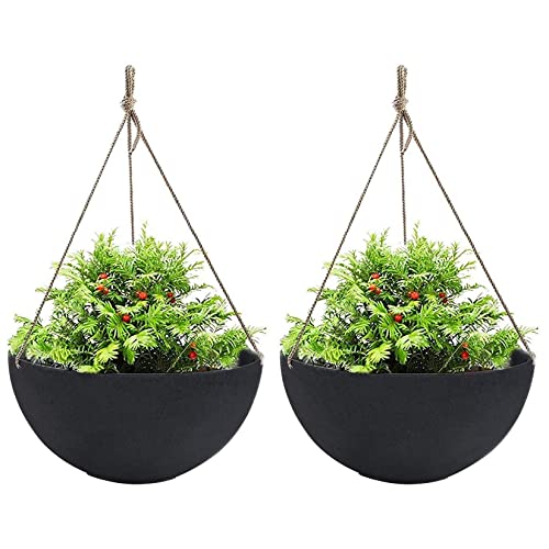 LA JOLIE MUSE Hanging Planters for Outdoor Plants, Large Hanging Planter with Drain Holes, Black Hanging Flower Pots (13.2 Inch, Set of 2)