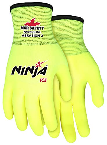 MCR Safety N9690HVL Ninja Ice High Visibility Nylon Liner Double Layer Gloves with HPT Coating, Large (Pack of 12), Lemon Yellow