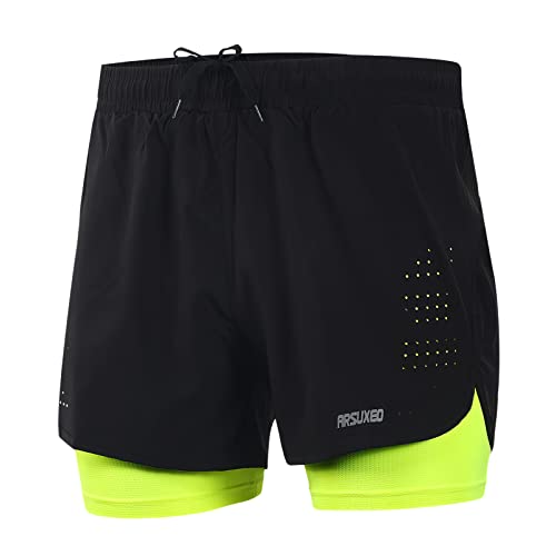 ARSUXEO Men’s Active Training Running Shorts 2 in 1 Green Size Large