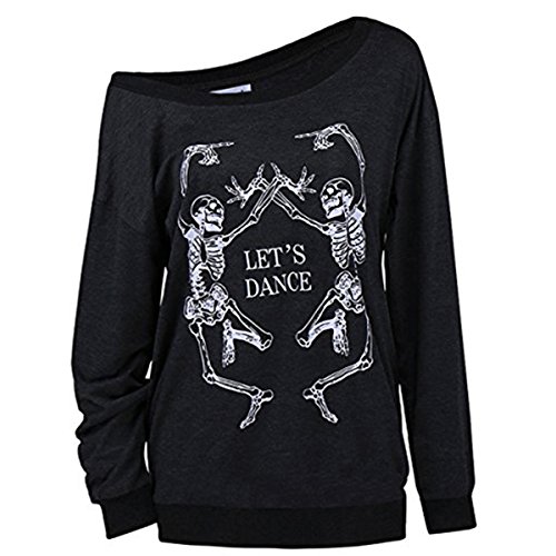 LuFeng Women’s Christmas Halloween Off Shoulder Skeleton Printing Funny T-Shirt Long Sleeve Sweatshirts Pullover Tops Black