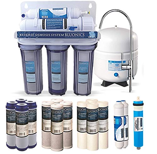 Bluonics 5 Stage Undersink Reverse Osmosis Drinking Water Filter System RO Home Purifier with NSF Certified Membrane and Clear Housings with 4 Years of Filter Supply – 15 Total Filters
