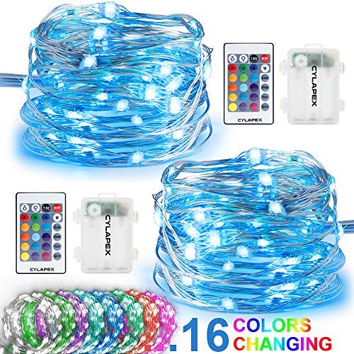 CYLAPEX 2 Set Color Changing Fairy Lights, Battery Operated Twinkle Lights with Remote, 16 Colors 50 LED on 16.4FT 4 Wires, 3AA Battery Powered String Lights for Bedroom Christmas Patio Waterproof