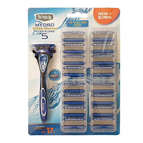 Schick Newly Improved Hydro Premium 5 Men’s 5 Blade Razor Set with 1 Handle and 17 Blades Equipped with Moisture Gel Reservoir – 40% decrease of Skin Irritation – Good for Wet Shaving