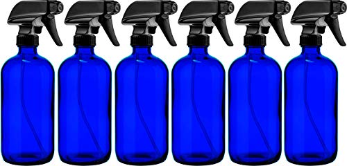 Sally’s Organics Blue Glass Spray Bottle – Large 16 oz Refillable Container for Essential Oils, Cleaning Products, or Aromatherapy – Black Trigger Sprayer w/ Mist and Stream Settings – 6 Pack