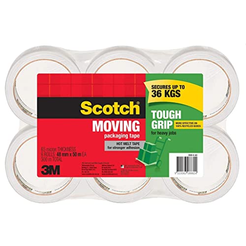 Scotch Tough Grip Moving Packaging Tape, 1.88″ x 43.7 yd, Designed for Moving and Packing, Strong Hold on All Box Types Including Recycled, 3″ Core, Clear, 6 Rolls (3500-40-6)