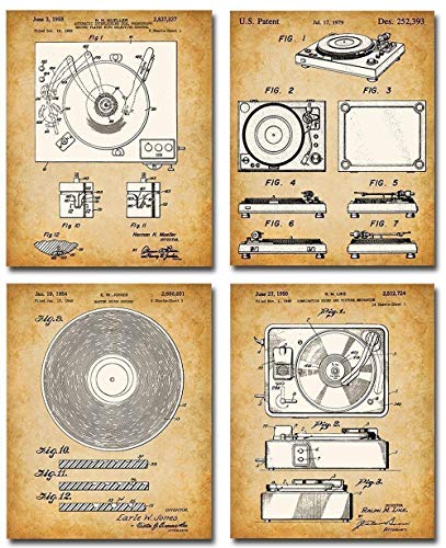 Original Record Players Patent Art Prints – Set of Four Photos (8×10) Unframed – Makes a Great Music Room or Studio Decor and Gift Under $20 for Vinyl Lovers and Collectors