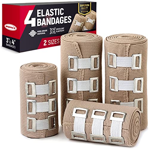 Premium Elastic Bandage Wrap – 4pack (2×3″, 2×4″) + 12 Extra Clips – Strong Compression Bandage Wrap