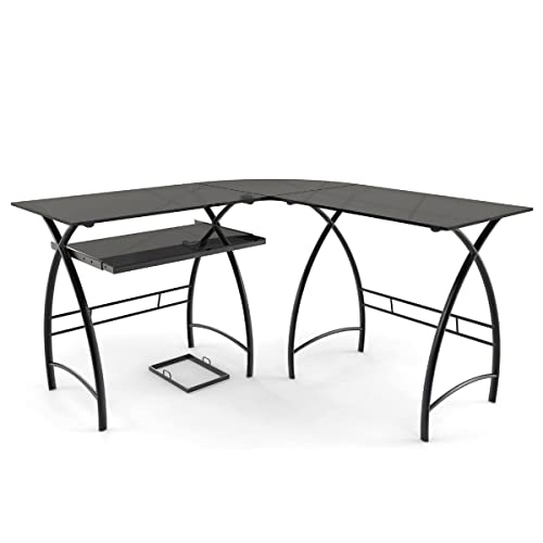 Ryan Rove Stillman Glass Large Modern L-Shaped Desk Corner Computer Office Desk for Small PC Laptop Study Table Workstation Home Office with Keyboard Shelf in Black