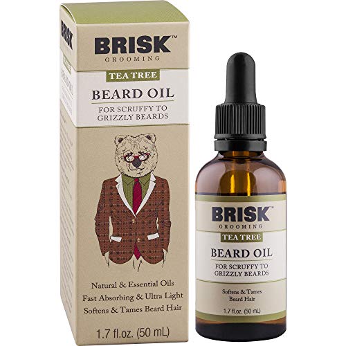Brisk Grooming Tea Tree Beard Oil, Fast-absorbing Blend of Natural & Essential Oils Softens & Tames for a Beard that Looks & Feels Healthy not Greasy, 1.7 Ounce Bottle w/Dropper