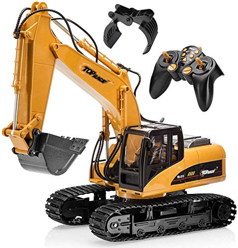 Top Race 15 Channel Full Functional Remote Control Excavator Construction Tractor – Remote Excavator Toy with 2.4Ghz Transmitter and Metal Shovel – Remote Controlled Excavator Mini Excavator