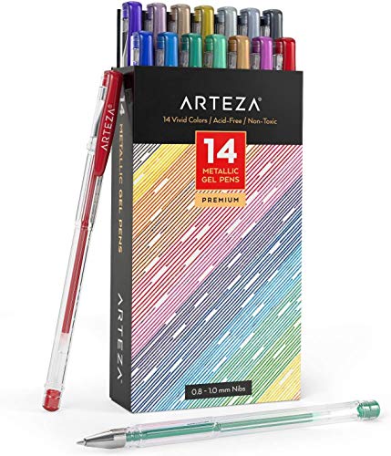 Arteza Metallic Gel Pens, Set of 14, 0.8-1.0 mm Tips, Bright and Vivid Colored Pens, Art Supplies for Scrapbooking, Doodling, & Journaling