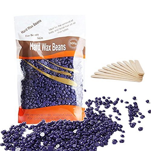 ULTNICE Painless Hair Removal Hard Wax Beans Stripless Full-Body Depilatory Wax Beads 300g with 10pcs Wood Stick (Purple)