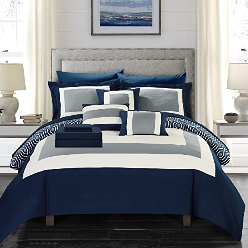 Chic Home Jake 10 Piece Comforter Set Reversible Hotel Collection Color Block Geometric Pattern Print Design Bed in a Bag Bedding – Sheets Decorative Pillows Shams Included Queen Navy