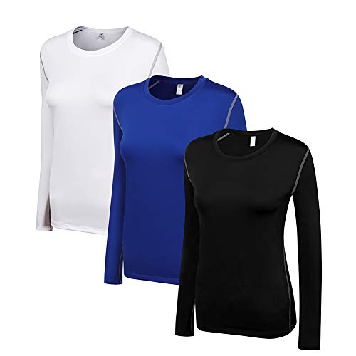 WANAYOU Women’s Compression Shirt Dry Fit Long Sleeve Running Athletic T-Shirt Workout Tops (3 Pack(Black+White+Blue), Medium)