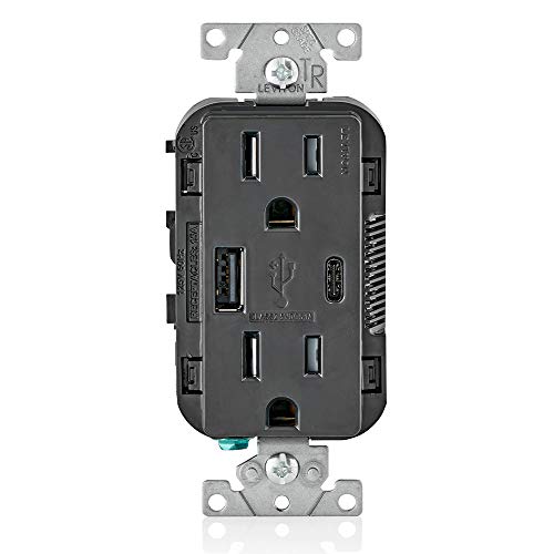 Leviton T5633-E 15-Amp Type A & Type-C USB Charger/Tamper Resistant Outlet, Not for Laptops, Black