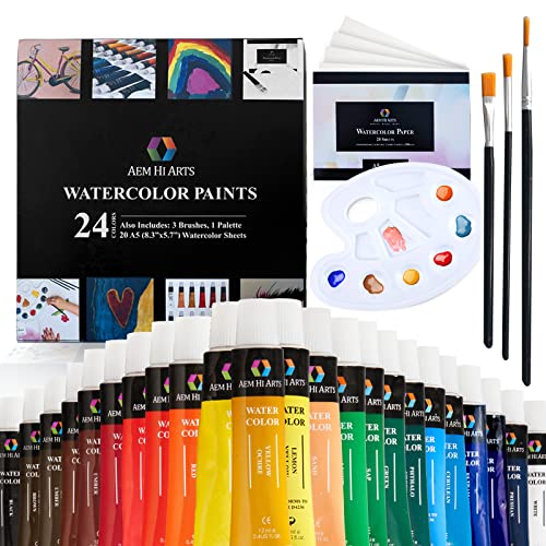 AEM Hi Arts Watercolor Paint Set – Includes 24 Colors, 3 Brushes, 1 Palette & 20 Sheets | Paint on Paper, Wood, Fabric, Ceramic & More | Portable and Washable| Great for Kids and Professional Artists
