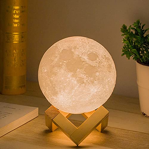 Mydethun Mothers Day Gifts-Moon Lamp Gifts for Mom from Daughter Son with Brightness Control, LED Night Light, Bedroom, Living Room, Gift Women Kids Birthday, with Wooden Base, 4.7″, White & Yellow