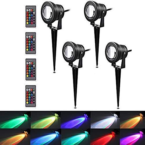 FORNORM Garden Lawn Lights, Outdoor Decorative Lamp Lighting RGB 10W Color Changing Remote Control Floodlight with Spike for Yard Patio Path Spotlight Lamp Waterproof DC 12V – Pack 4