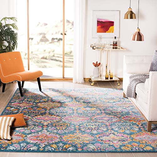 SAFAVIEH Madison Collection 8′ x 10′ Blue/Orange MAD144A Boho Chic Damask Non-Shedding Living Room Bedroom Dining Home Office Area Rug