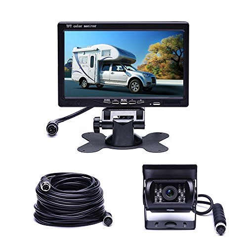 Camecho Vehicle Backup Camera 7″ Monitor,18 IR Night Vision Rear View Camera Without Guide Line IP 68 Waterproof, 4 Pins Aviation Extension Cable for 33FT Length RVs, Bus, Trailer,Truck