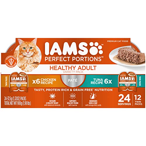 IAMS PERFECT PORTIONS Healthy Adult Grain Free* Wet Cat Food Pate Variety Pack, Chicken Recipe and Tuna Recipe, (12) 2.6 oz. Easy Peel Twin-Pack Trays