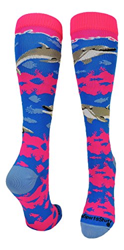 MadSportsStuff Happy Dolphins Over the Calf Socks (Electric Blue/Neon Pink, Small)