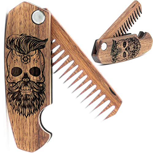 Beard Comb for Men Pocket Folding Combs for Mustache & Hair Travel Natural Wooden Comb with Real Man Engraving – Perfect for Use w/Beard Balm Oil (Skull)