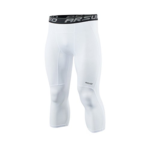 ARSUXEO Men’s 3/4 Running Compression Tights Capri Pants K75 White Size Large