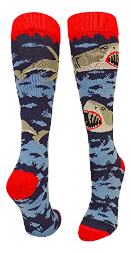 MadSportsStuff Great White Sharks Over the Calf Socks (Navy/Scarlet/Grey, Small)