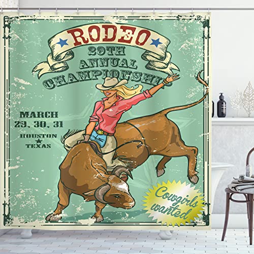 Ambesonne Retro Shower Curtain, Rodeo Cowgirl on The Bull Annual Championship Vintage Poster Pattern Grunge Design, Cloth Fabric Bathroom Decor Set with Hooks, 69″ W x 70″ L, Multicolor