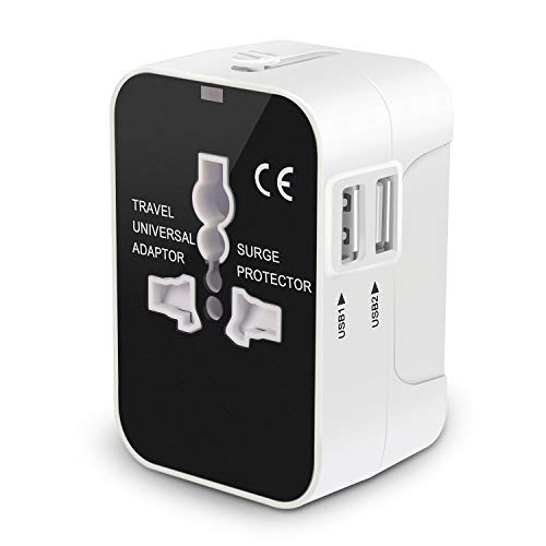 Travel Adapter, Worldwide All in One Universal Power Adapter AC Plug International Wall Charger with Dual USB Charging Ports for US EU UK AUS Europe Cell Phone (White)