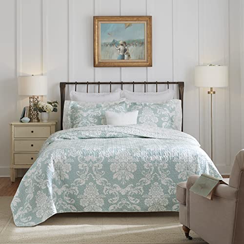 Laura Ashley Home Venetia Collection Quilt Set-100% Cotton, Reversible, Lightweight & Breathable Bedding, Pre-Washed for Added Softness, King, Duck Egg, 222276